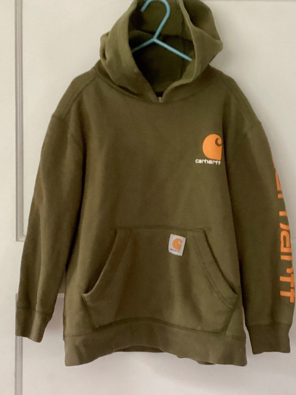 Carhartt Kids Olive Green Logo Graphic Hoodie Sweatshirt Size S 8-10 Boys Pocket